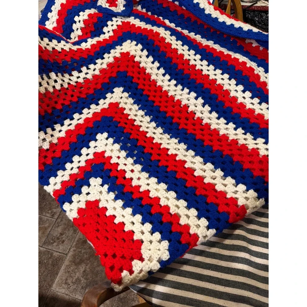 Handmade Crochet Granny Square Throw Blanket Red White Blue Chevron Patriotic